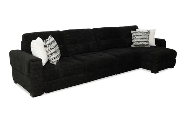 Slider Bob Black 149'' power sliding 4-piece right arm facing chaise sectional in black polyester fabric. Transitional style with memory foam cushions, USB and USB-C ports, cupholders, storage, and accent pillows for comfort and convenience.