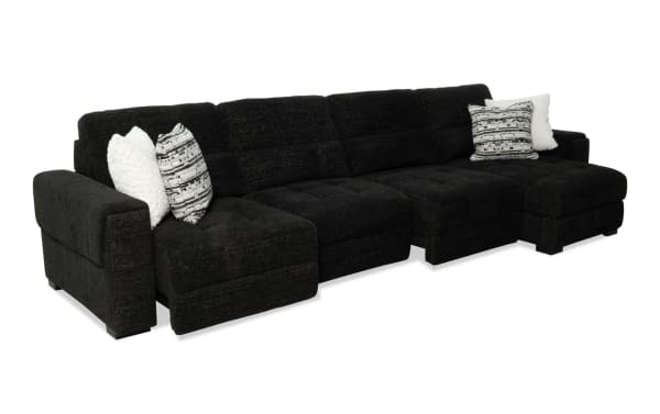 Slider Bob Black 149'' power sliding 4-piece right arm facing chaise sectional in black polyester fabric. Transitional style with memory foam cushions, USB & USB-C ports, cupholders, storage, and accent pillows for comfort and convenience.