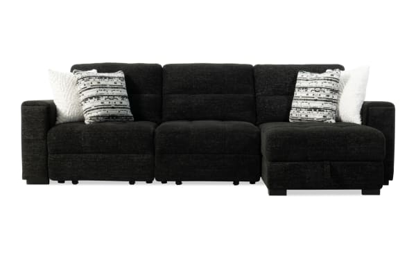 Slider Bob black 116" power sliding 3-piece sectional with right arm chaise, armless chair, plush polyester fabric, USB/USB-C ports, and cozy memory foam cushions.