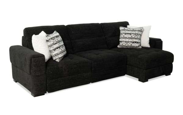Slider Bob Black 116" power sliding 3-piece right arm facing chaise sectional in black polyester fabric with USB/USB-C ports, plush cushions, and accent pillows.