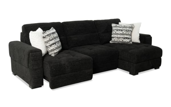 Slider Bob black 116" power sliding 3-piece right arm facing chaise sectional with armless chair, plush polyester fabric, USB/USB-C ports, and accent pillows.