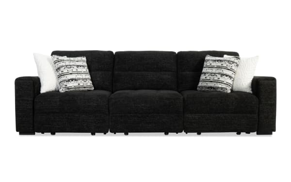 Slider Bob Black 116'' power sliding three-seat sofa in black polyester fabric with memory foam cushions, USB & USB-C ports, and accent pillows.