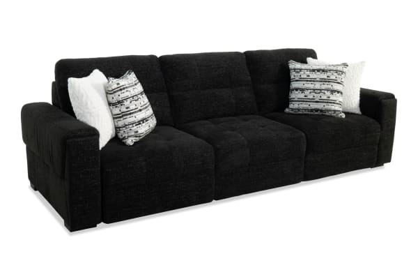 Slider Bob Black 116'' power sliding three-seat sofa in black polyester fabric, with USB/USB-C ports, memory foam cushions, and accent pillows.