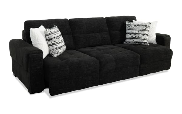 Slider Bob Black 116'' power sliding sofa in black polyester fabric with USB/USB-C ports, memory foam cushions, and accent pillows.