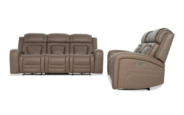 Brown leather three-seat reclining sofa shown from front and side views, featuring padded cushions, stitched detailing, and electric recline controls.