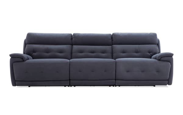 Contemporary Rumor Blue 113'' power reclining sofa in blue polyester fabric with plush cushions, power headrests, and armless recliner.