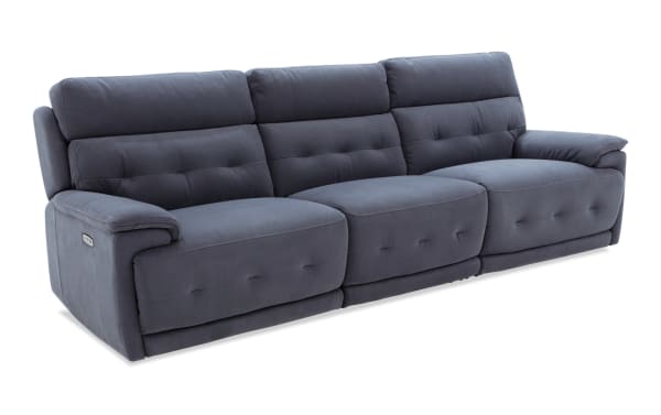 Rumor Blue 113'' power reclining sofa in blue polyester fabric with power headrests, armless recliner, and contemporary cushion arms.