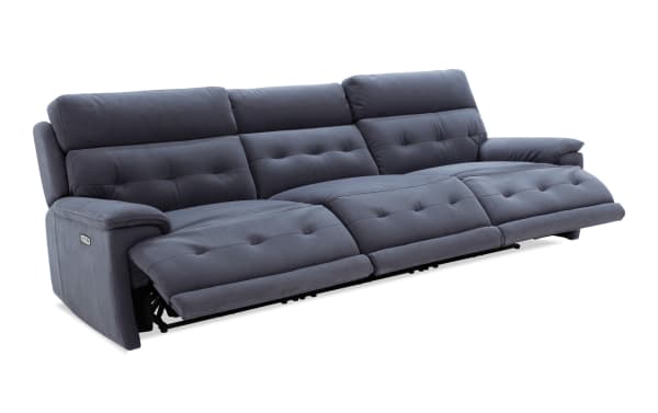 Rumor Blue 113'' power reclining sofa in blue polyester fabric with armless recliner, power headrests, and contemporary cushion arms.
