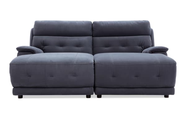 Rumor Blue 84'' power reclining dual chaise sectional sofa in blue polyester fabric with power headrest, contemporary style, and plush cushion arms.