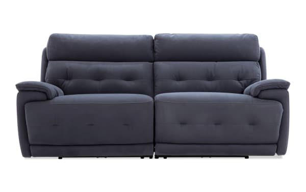 Contemporary Rumor Blue 82'' power reclining loveseat in blue polyester fabric with plush cushions, power headrests, and ergonomic armrests.