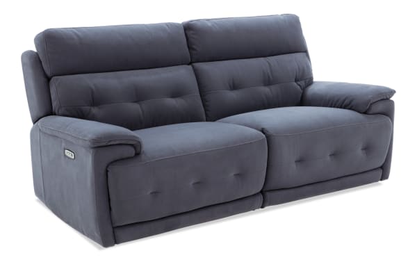 Rumor Blue 82'' power reclining loveseat in blue polyester fabric with power headrests, contemporary cushion arms, and memory foam seating.