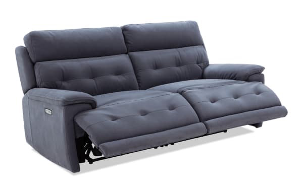 Rumor Blue 82'' power reclining loveseat in blue polyester fabric with power headrests, contemporary cushion arms, and memory foam seating.