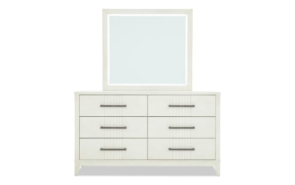 Laguna White 6 Drawer Dresser & Mirror in gray pine solids and veneers with LED-lit mirror, transitional style, felt-lined drawers, and metal handles.