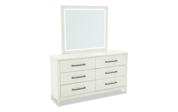Laguna White 6 Drawer Dresser & Mirror in gray pine solids and veneers, transitional style with LED-lit mirror and felt-lined drawers.