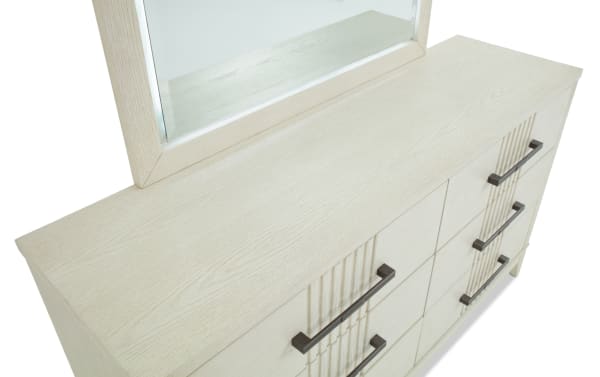 Laguna White 6 Drawer Dresser & Mirror in gray pine solids and veneers, transitional style with metal handles and textured drawer fronts.