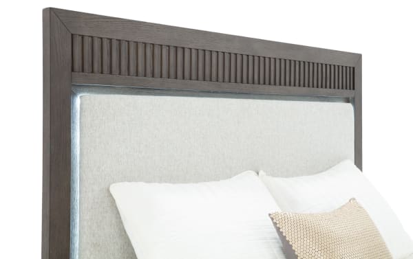 Laguna Queen Dark Brown & Gray Upholstered Storage Platform Bed with pine solids frame, gray polyester fabric headboard, LED lighting, and transitional style.
