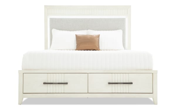 Laguna Queen White & Gray Upholstered Storage Platform Bed with gray fabric headboard, white pine solids frame, underbed storage drawers, and transitional style.