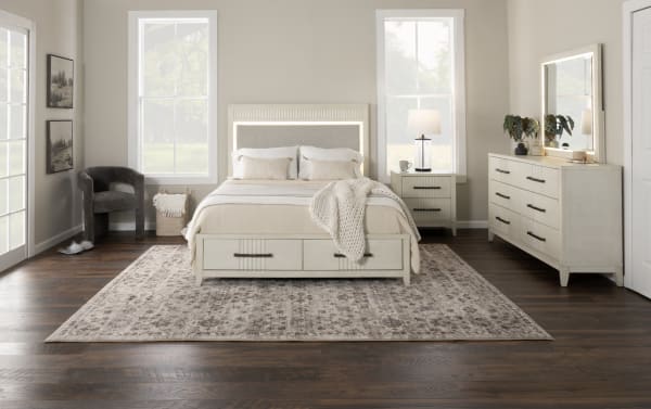 Laguna Queen White & Gray Upholstered Storage Platform Bed with gray fabric headboard, pine solids, transitional style, underbed drawers, and LED lighting.