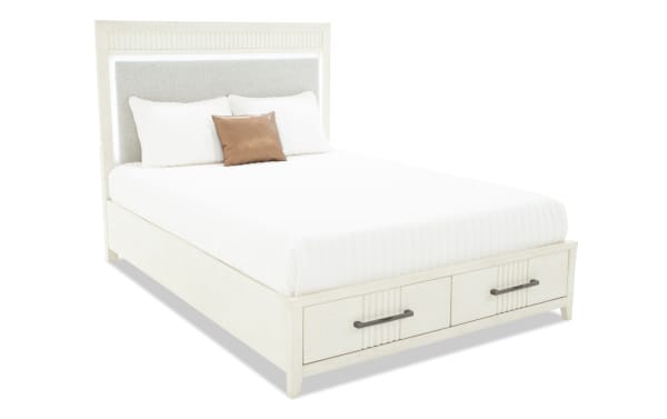 Laguna Queen White & Gray Upholstered Storage Platform Bed with fabric polyester headboard, pine solids, transitional style, underbed drawers, LED lighting.