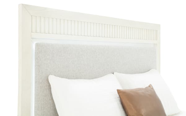 Laguna Queen White & Gray Upholstered Storage Platform Bed headboard with gray polyester fabric, pine solids frame, LED lighting, transitional style.