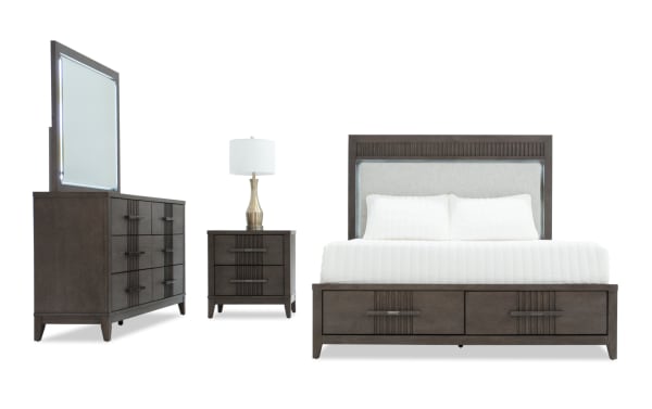 Laguna 4 Piece Queen Bedroom Set in dark brown pine solids and veneers with gray polyester fabric upholstery. Transitional style platform bed with LED lighting, built-in USB/USB-C ports, underbed storage drawers, dovetail joints, and felt-lined top drawers. Includes dresser with mirror, nightstand, and queen bed from Laguna Bedroom collection.