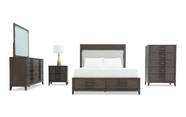 Laguna 5 Piece Queen Bedroom Set in dark brown pine solids and gray polyester fabric, transitional style with LED-lit mirror, storage drawers, and upholstered platform bed.
