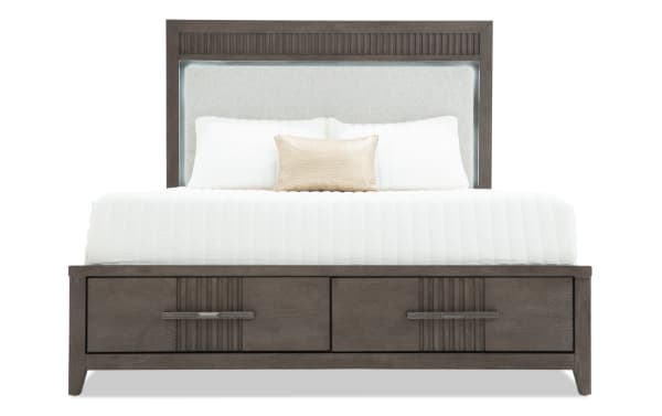 Laguna 5 Piece Queen Dark Brown & Gray Upholstered Storage Platform Bed with pine solids, gray fabric headboard, and underbed storage drawers, transitional style