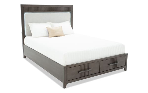 Laguna 5 Piece Queen Upholstered Storage Platform Bed in dark brown pine solids and gray polyester fabric, transitional style with LED lighting and USB ports