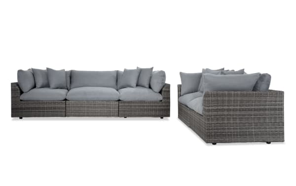 Dream Gray Wicker Outdoor Sofa & Loveseat Set in gray transitional style, featuring modular all-weather wicker and aluminum frame with reversible, fade-resistant polyester cushions.