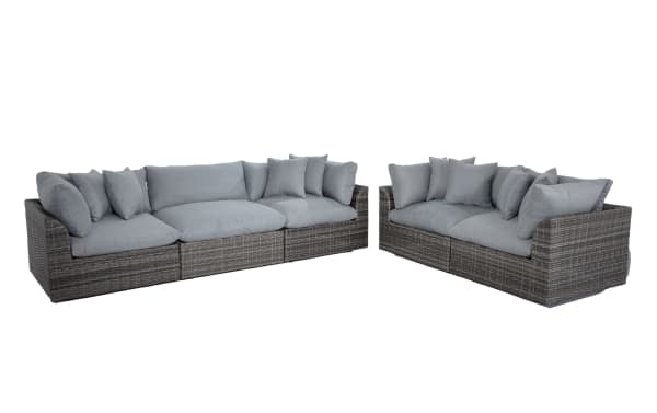 Dream Gray Wicker Outdoor Sofa & Loveseat Set from Dream Outdoor collection, gray all-weather wicker with aluminum frame, deep seating, reversible fade-resistant polyester cushions, modular transitional style for customizable outdoor lounging.