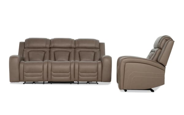 Taupe brown leather reclining sofa with three seats, padded armrests, and cushioned headrests shown from front and side views.