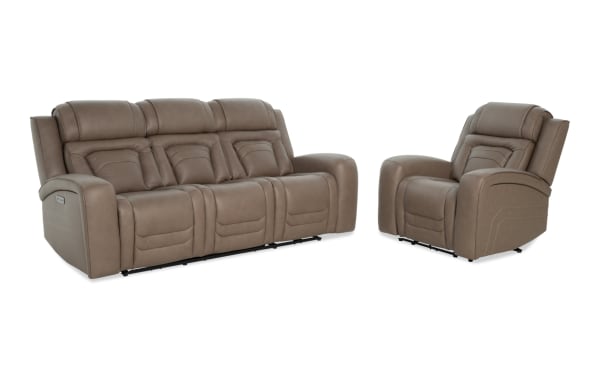 Taupe brown leather reclining sofa and armchair set with padded cushions and stitched detailing, designed for living room comfort and style.