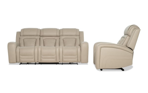 Beige leather three-seat reclining sofa shown from front and side views, featuring padded headrests and armrests, modern design.