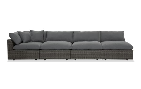 Dream 4 Piece Gray Wicker Outdoor Sectional from Dream Outdoor collection, featuring modular design, gray all-weather wicker, aluminum frame, and reversible polyester cushions.