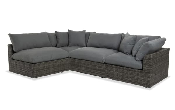 Gray Dream 4 Piece Wicker Outdoor Sectional with modular design, oversized reversible cushions, all-weather wicker, and rust-free aluminum frame.