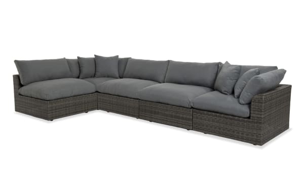 Dream 5 Piece Gray Wicker Outdoor Sectional with modular design, oversized reversible cushions, all-weather wicker, and rust-free aluminum frame.