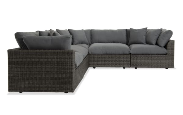 Dream 5 Piece Gray Wicker Outdoor Sectional with modular design, oversized reversible cushions, all-weather wicker, and rust-free aluminum frame.