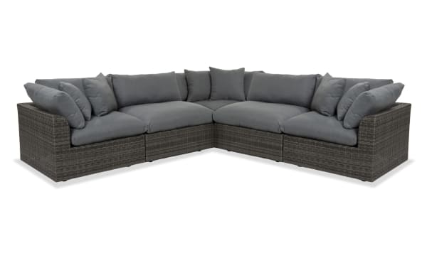 Dream 5 Piece Gray Wicker Outdoor Sectional with oversized reversible cushions, all-weather wicker, aluminum frame, and gray polyester fabric.