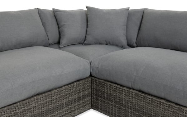 Dream 5 Piece Gray Wicker Outdoor Sectional with modular design, gray all-weather wicker, aluminum frame, and reversible polyester cushions.