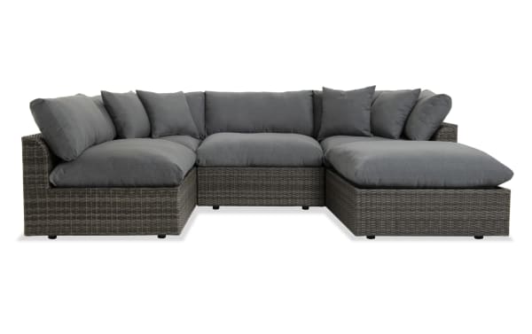Dream 5 Piece Gray Wicker Outdoor Sectional with modular design, oversized reversible cushions, gray all-weather wicker, and powder-coated aluminum frame.