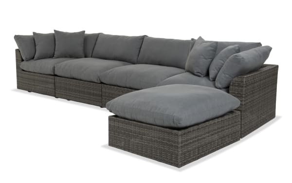 Dream 5 Piece Gray Wicker Outdoor Sectional with modular design, gray all-weather wicker, aluminum frame, and reversible polyester cushions.