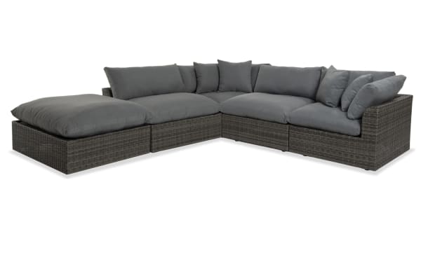 Dream 5 Piece Gray Wicker Outdoor Sectional with oversized reversible cushions, all-weather wicker, aluminum frame, and modular design for customizable comfort.