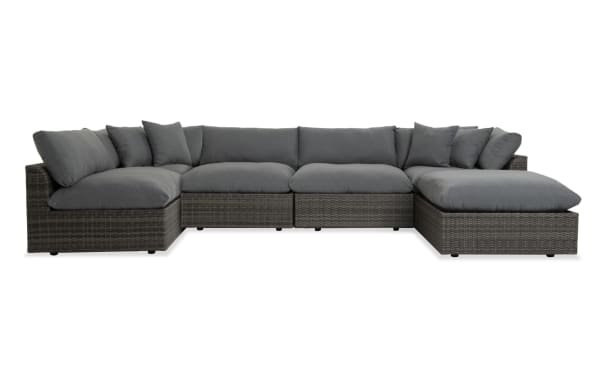 Dream 6 Piece Gray Wicker Outdoor Sectional with modular design, oversized reversible cushions, all-weather wicker, and rust-free aluminum frame in transitional style.