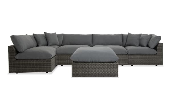 Dream 6 Piece Gray Wicker Outdoor Sectional with modular design, all-weather wicker, rust-free aluminum frame, and reversible gray polyester cushions.