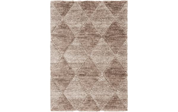 Brown and beige geometric patterned area rug with a soft, plush texture and diamond shapes, suitable for living room or bedroom decor.