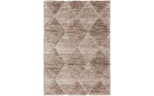 Rectangular beige and brown shag area rug with a geometric diamond pattern, featuring a soft textured surface ideal for living room or bedroom decor.