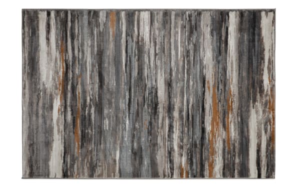 Rectangular area rug with abstract vertical stripes in shades of gray, brown, black, and beige, featuring a textured, modern design suitable for living rooms or offices.