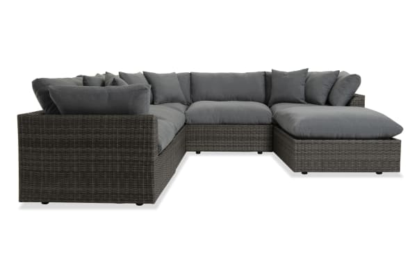 Dream 6 Piece Gray Wicker Outdoor Sectional with modular design, oversized reversible cushions, all-weather wicker, and rust-free aluminum frame.