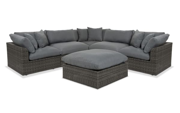 Dream 6 Piece Gray Wicker Outdoor Sectional with modular design, oversized reversible cushions, all-weather wicker, and rust-free aluminum frame.
