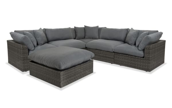 Dream 6 Piece Gray Wicker Outdoor Sectional with modular design, oversized reversible cushions, all-weather wicker, and rust-free aluminum frame.